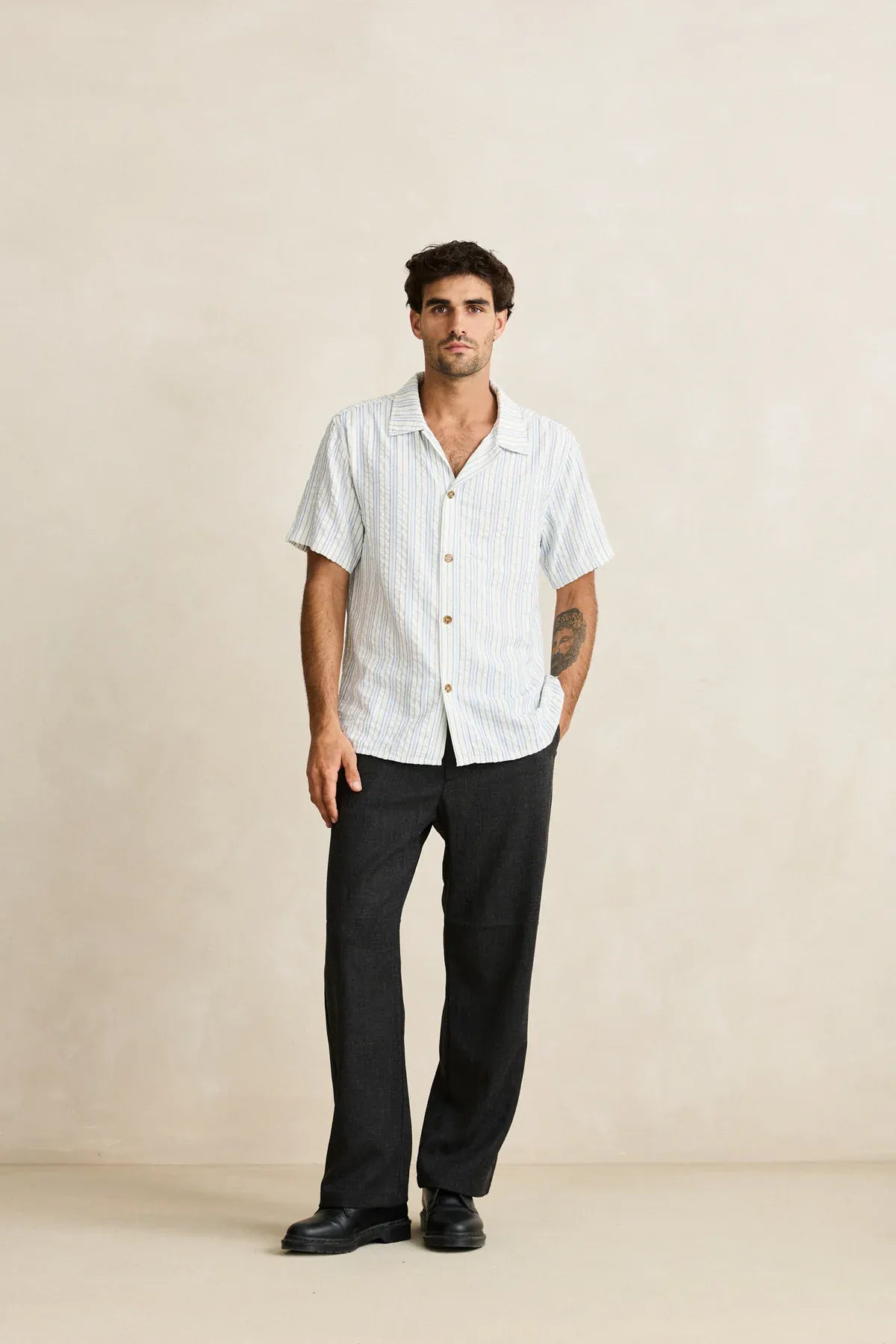 Rhythm Mens Rhythm Novelty Stripe SS Shirt - White Rhythm Novelty Stripe SS Shirt - White Splash Swimwear Mens Shirt