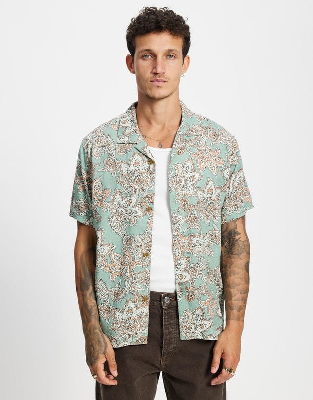 Rhythm Mens Rhythm Paisley SS Shirt - Green Tea Rhythm Paisley SS Shirt - Green Tea Splash Swimwear Mens