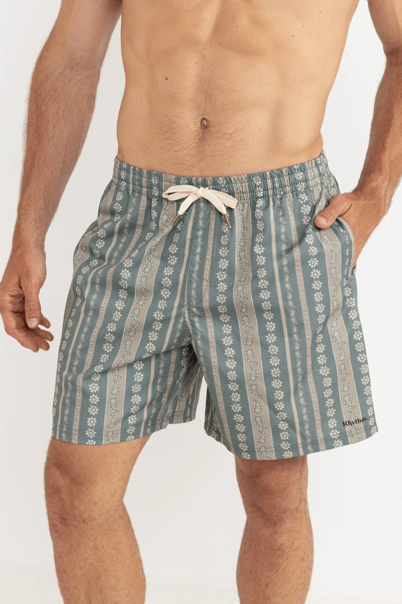 Rhythm Mens Rhythm Paisley Stripe Beach Short - Olive Rhythm Paisley Stripe Beach Short - Olive Splash Swimwear Mens