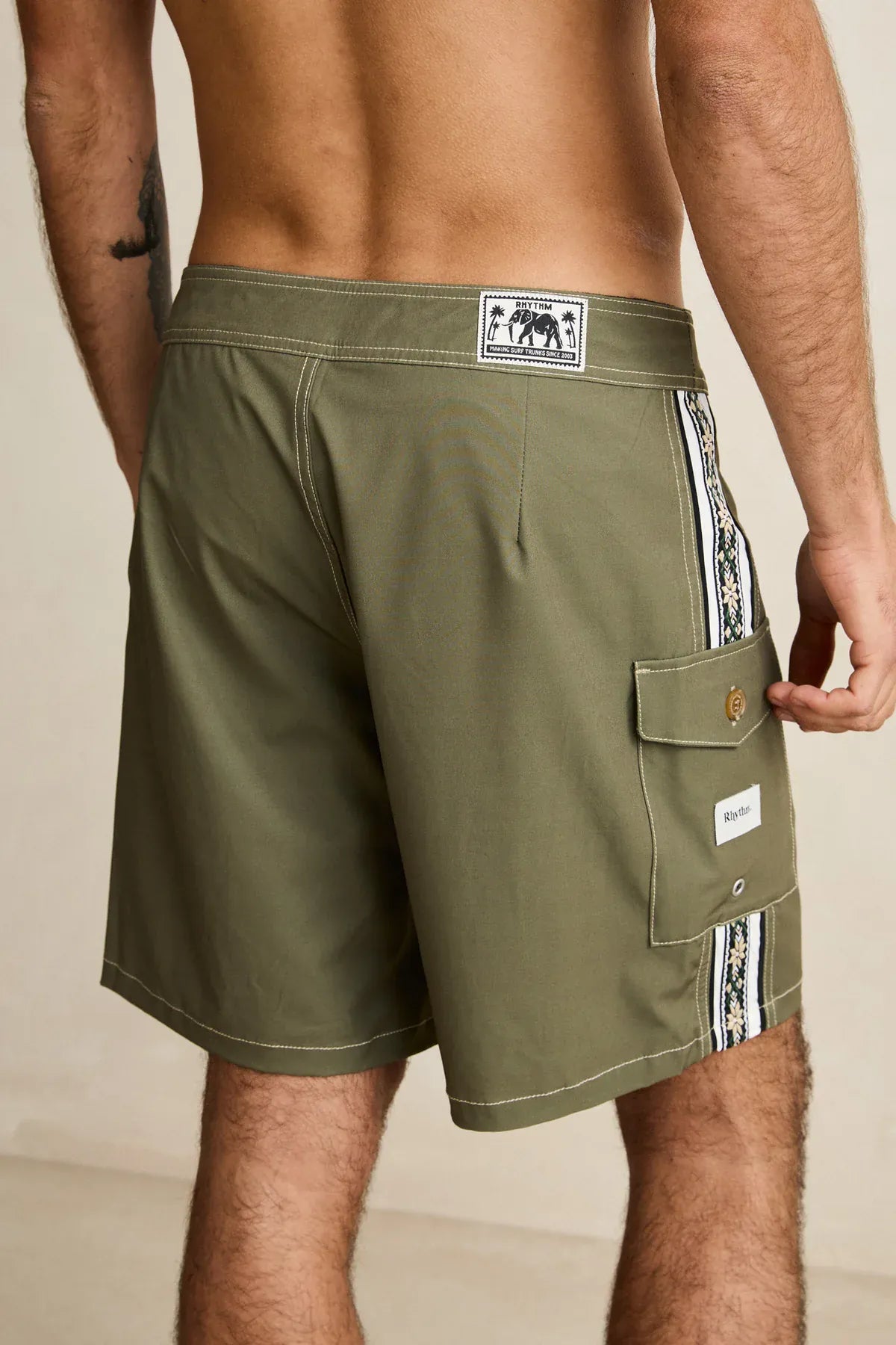 Rhythm Mens Rhythm Panel Stripe Trunk - Olive Rhythm Panel Stripe Trunk - Olive Splash Swimwear Mens Shorts