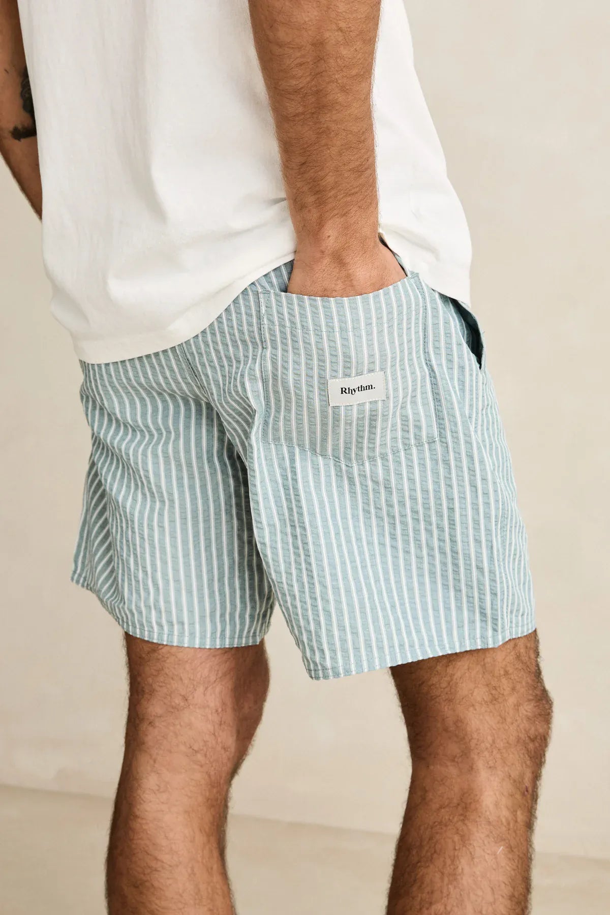 Rhythm Mens Rhythm Seersucker Stripe Jam - Pine Rhythm Seersucker Stripe Jam - Pine Splash Swimwear Mens Shorts