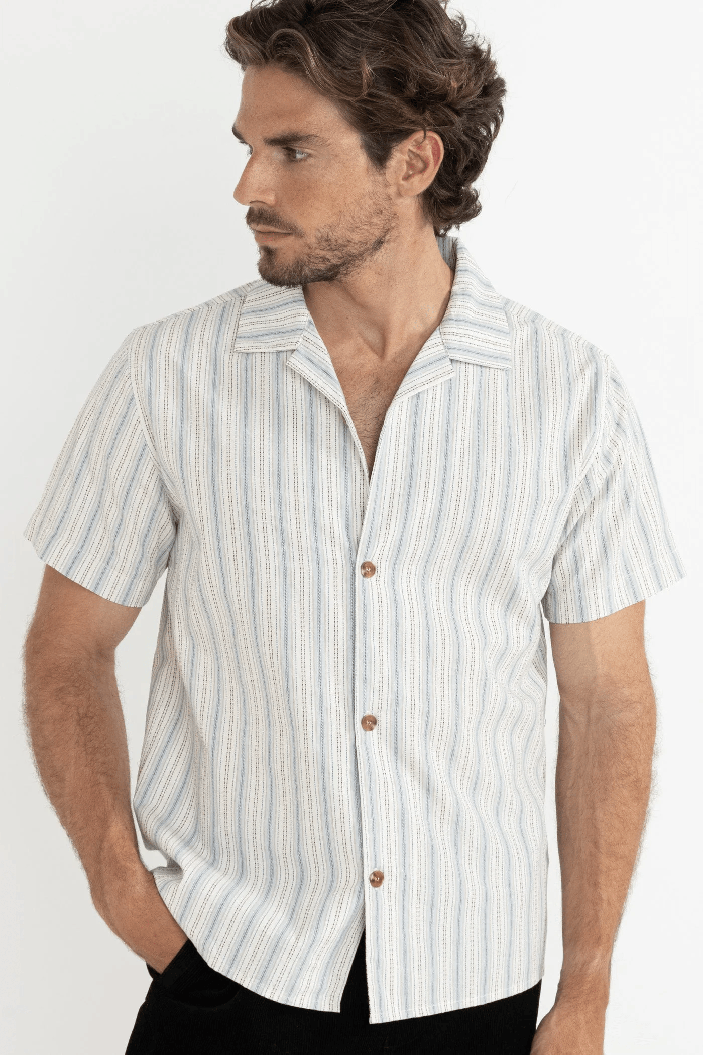 Rhythm Mens Rhythm Vacation Stripe SS Shirt - Natural Rhythm Vacation Stripe SS Shirt - Natural Splash Swimwear Mens