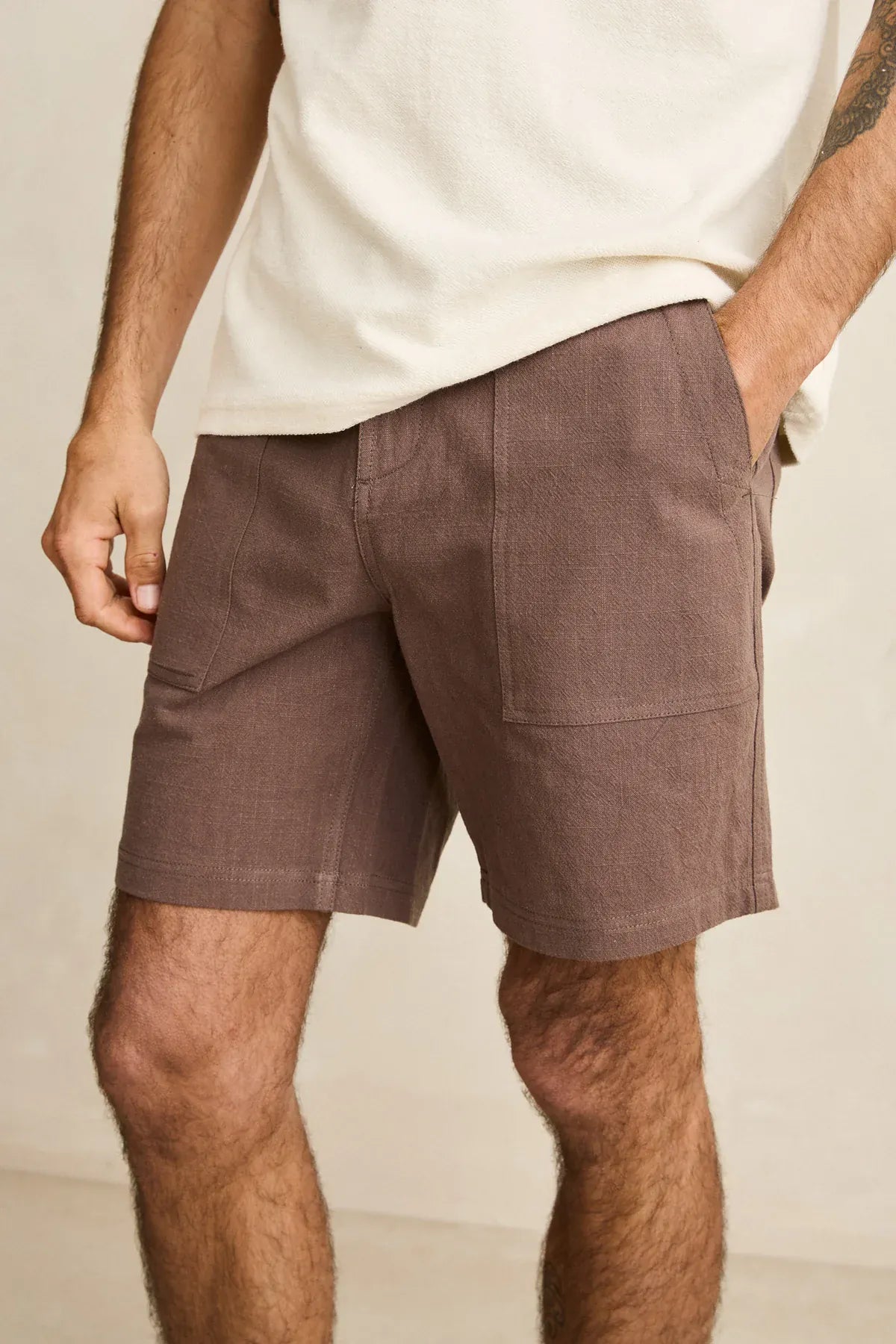 Rhythm Mens Rhythm Worn Path Textured Linen Short - Oak Rhythm Worn Path Textured Linen Short - Oak Splash Swimwear Mens Shorts
