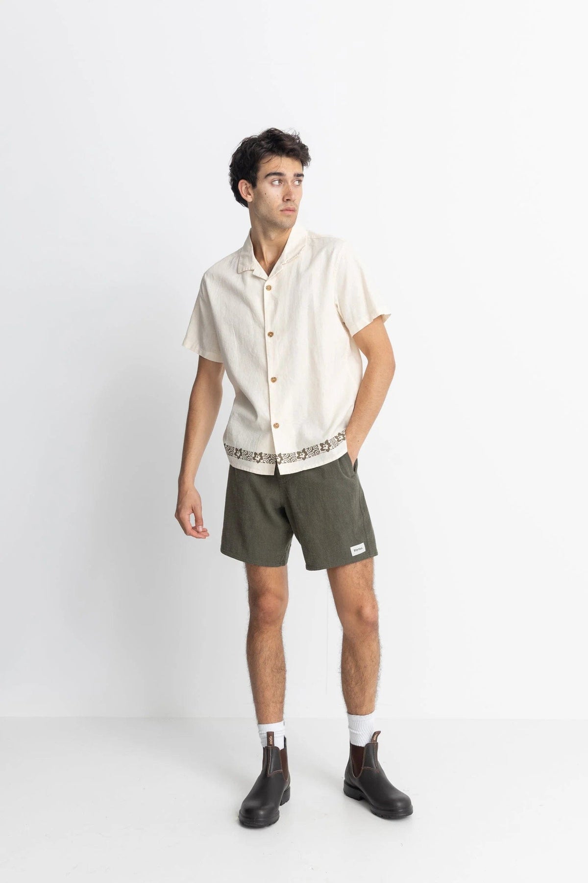 Rhythm Mens Textured Linen Jam - Olive Rhythm Textured Linen Jam - Olive Splash Swimwear Mens