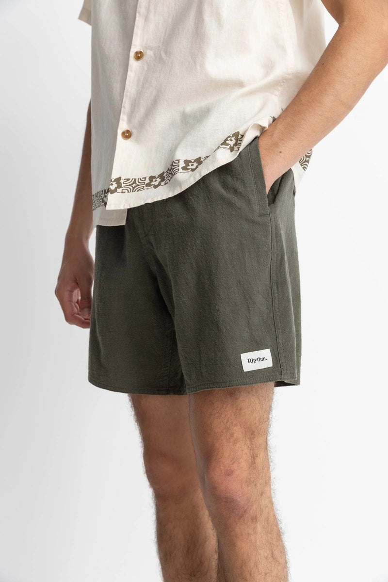 Rhythm Mens Textured Linen Jam - Olive Rhythm Textured Linen Jam - Olive Splash Swimwear Mens