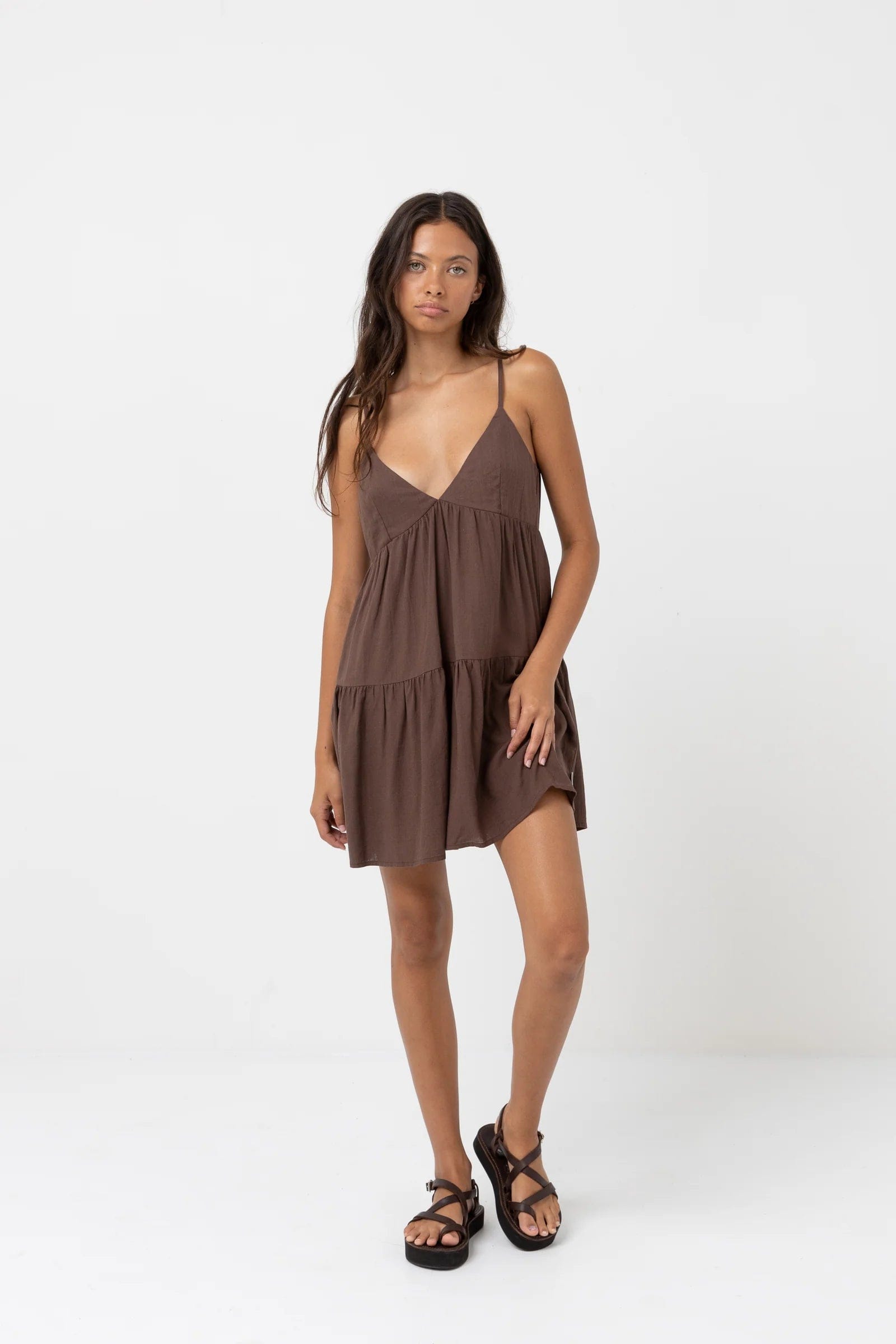 Rhythm Womens Classic Tiered Mini Dress - Chocolate Rhythm Classic Tiered Mini Dress - Chocolate Splash Swimwear Dresses