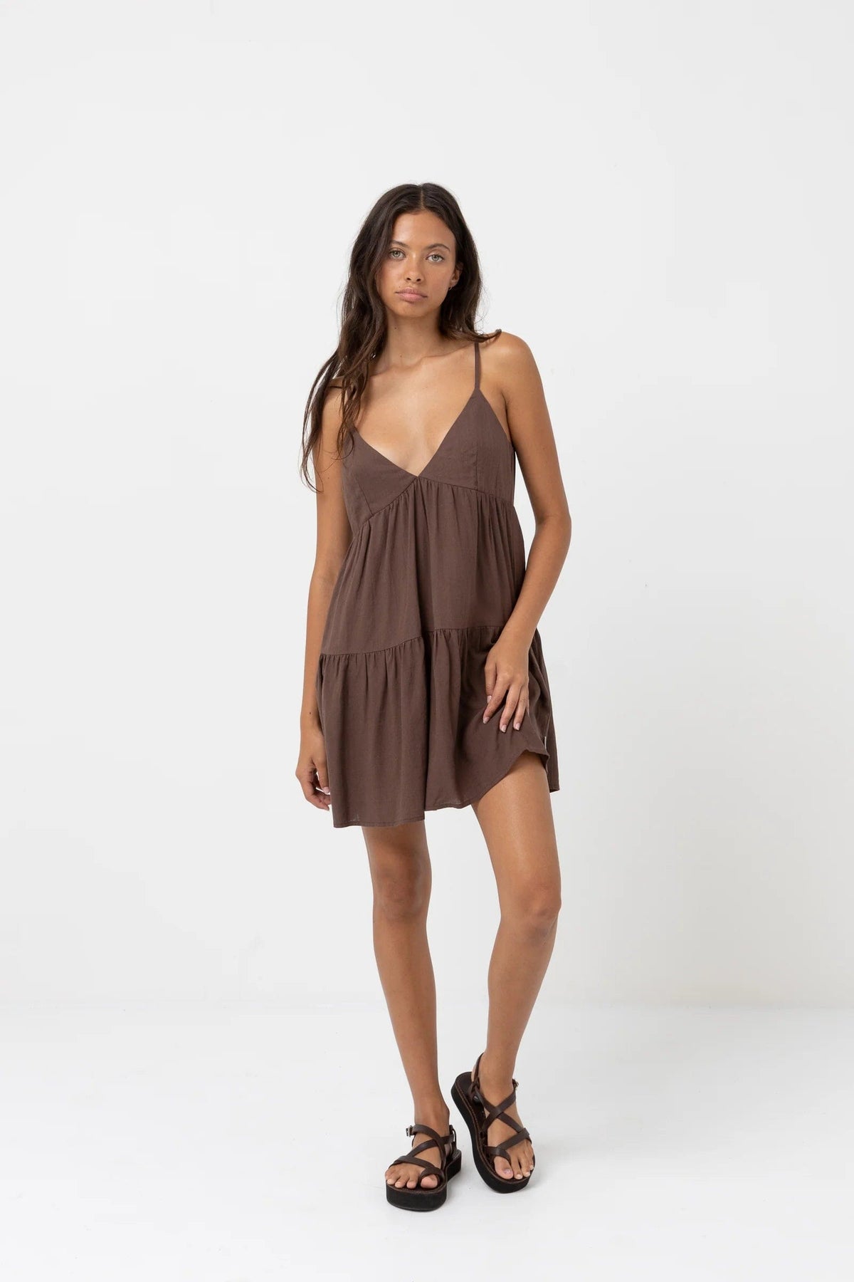 Rhythm Womens Classic Tiered Mini Dress - Chocolate Rhythm Classic Tiered Mini Dress - Chocolate Splash Swimwear Dresses