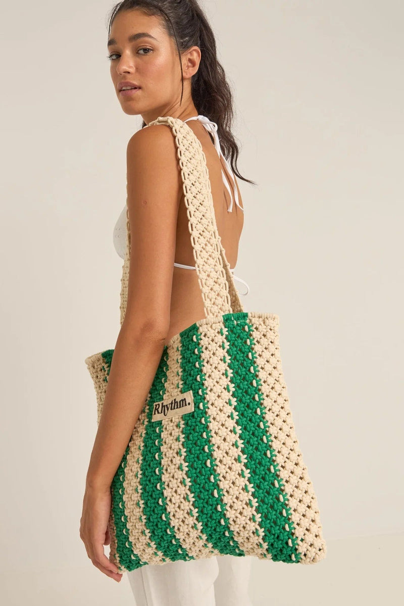 Rhythm Womens Dinero Stripe Crochet Tote Bag - Green 1024W-BG01-GRN Rhythm Dinero Stripe Crochet Tote Bag - Green Splash Swimwear 9360397097597