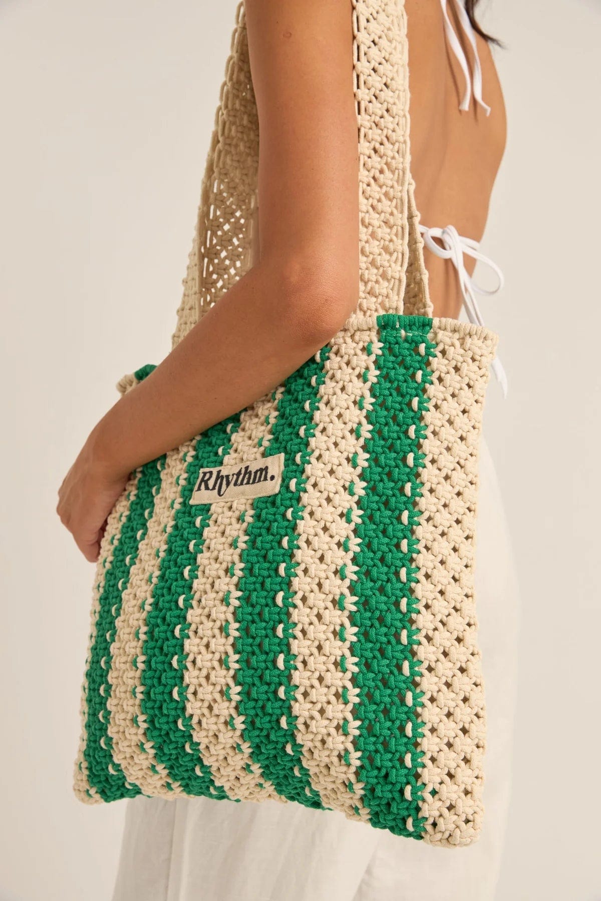 Rhythm Womens Dinero Stripe Crochet Tote Bag - Green 1024W-BG01-GRN Rhythm Dinero Stripe Crochet Tote Bag - Green Splash Swimwear 9360397097597