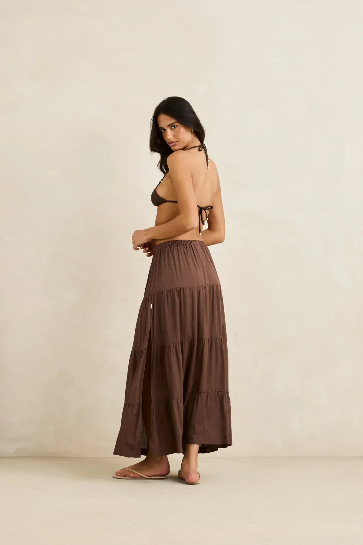 Rhythm Womens Rhythm Classic Tiered Maxi Skirt - Chocolate Rhythm Classic Tiered Maxi Skirt - Chocolate Splash Swimwear Skirts
