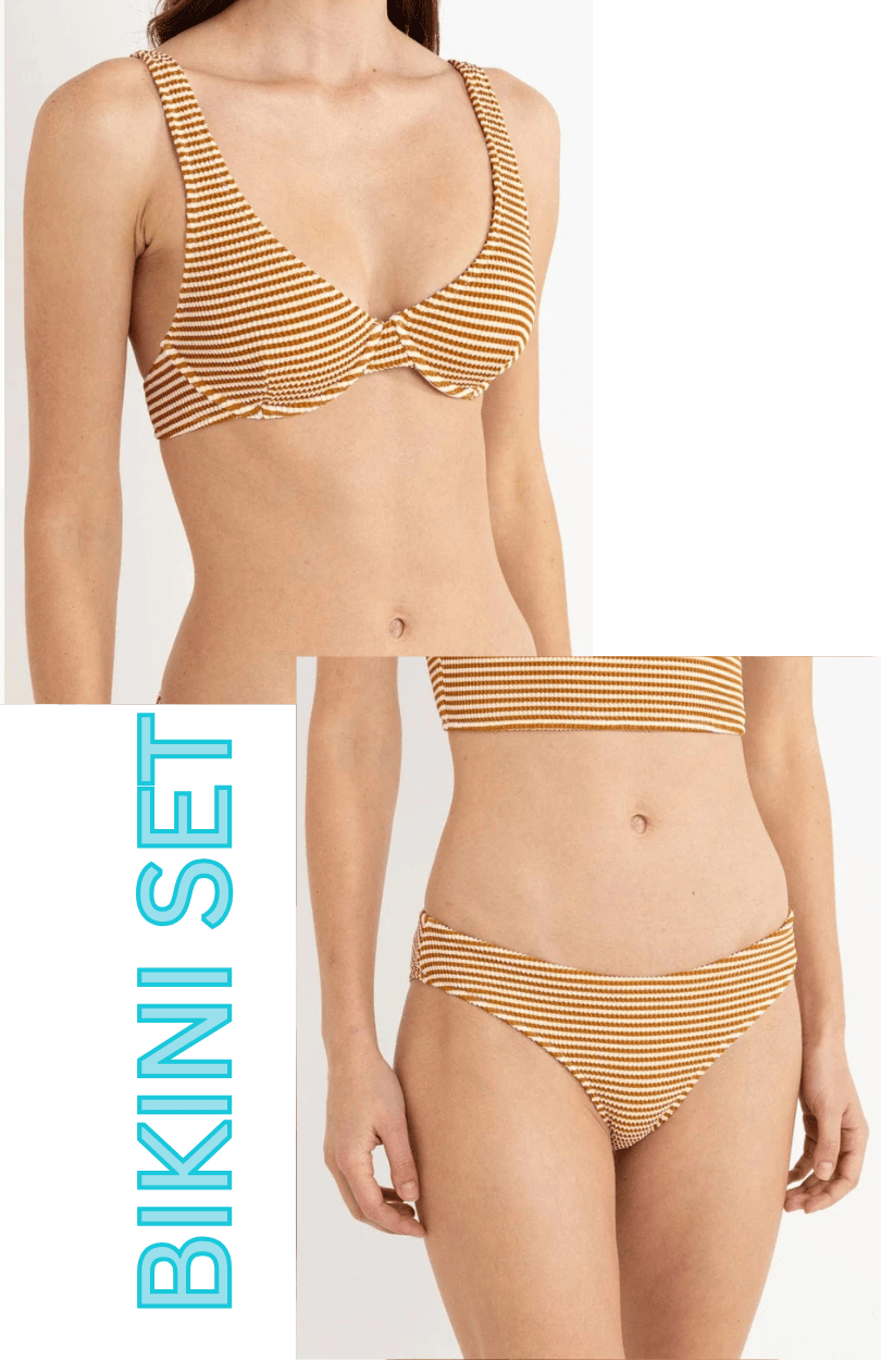 Rhythm Womens Rhythm Cove Stripe Underwire Top & Pant Bikini Set - Caramel Rhythm Cove Stripe Underwire Top & Pant Bikini Set - Caramel Splash Swimwear Bikini Set