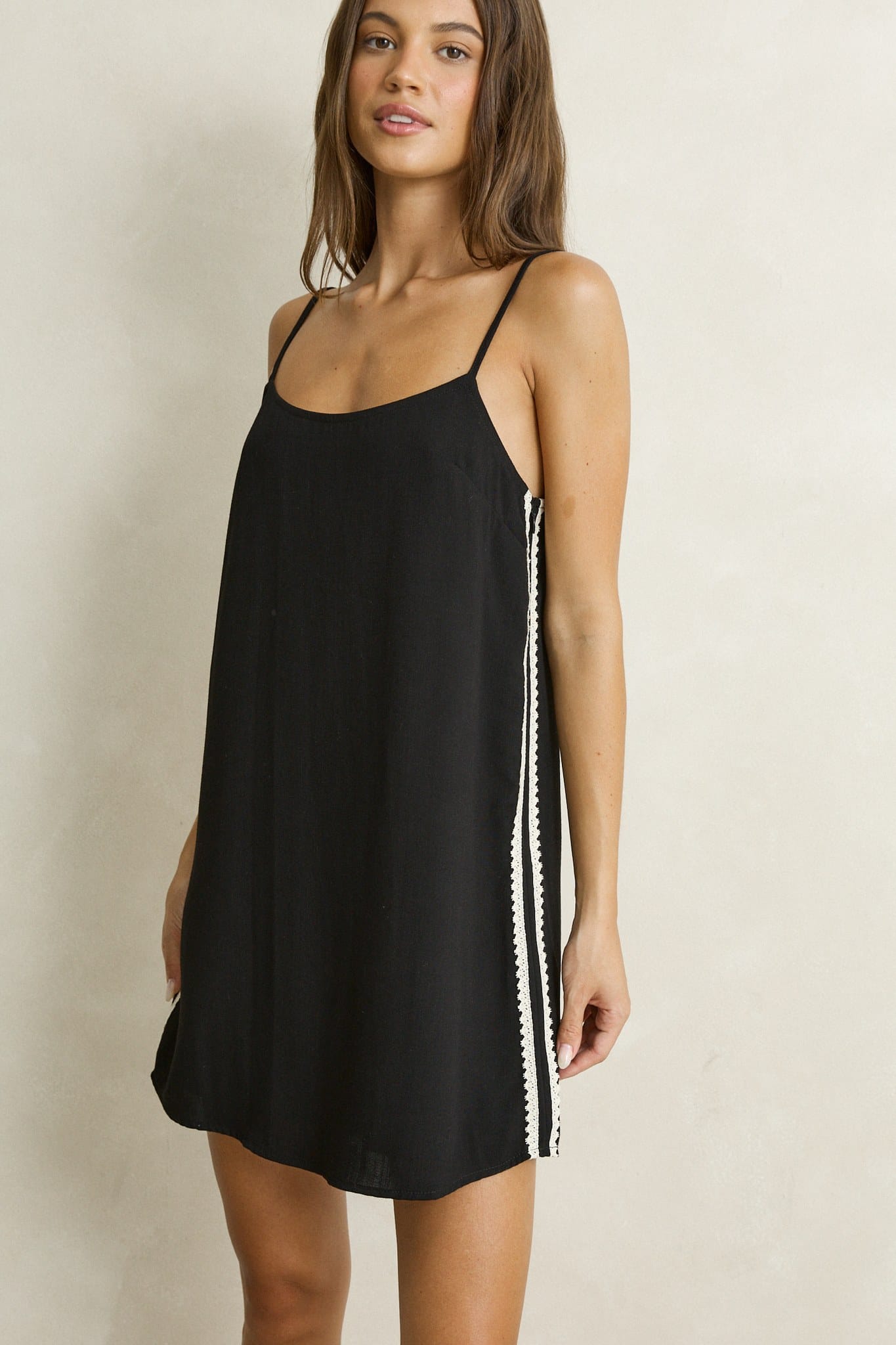 Rhythm Womens Rhythm Linen Lace Slip Mini Dress - Black Rhythm Linen Lace Slip Mini Dress Black Splash Swimwear Dresses