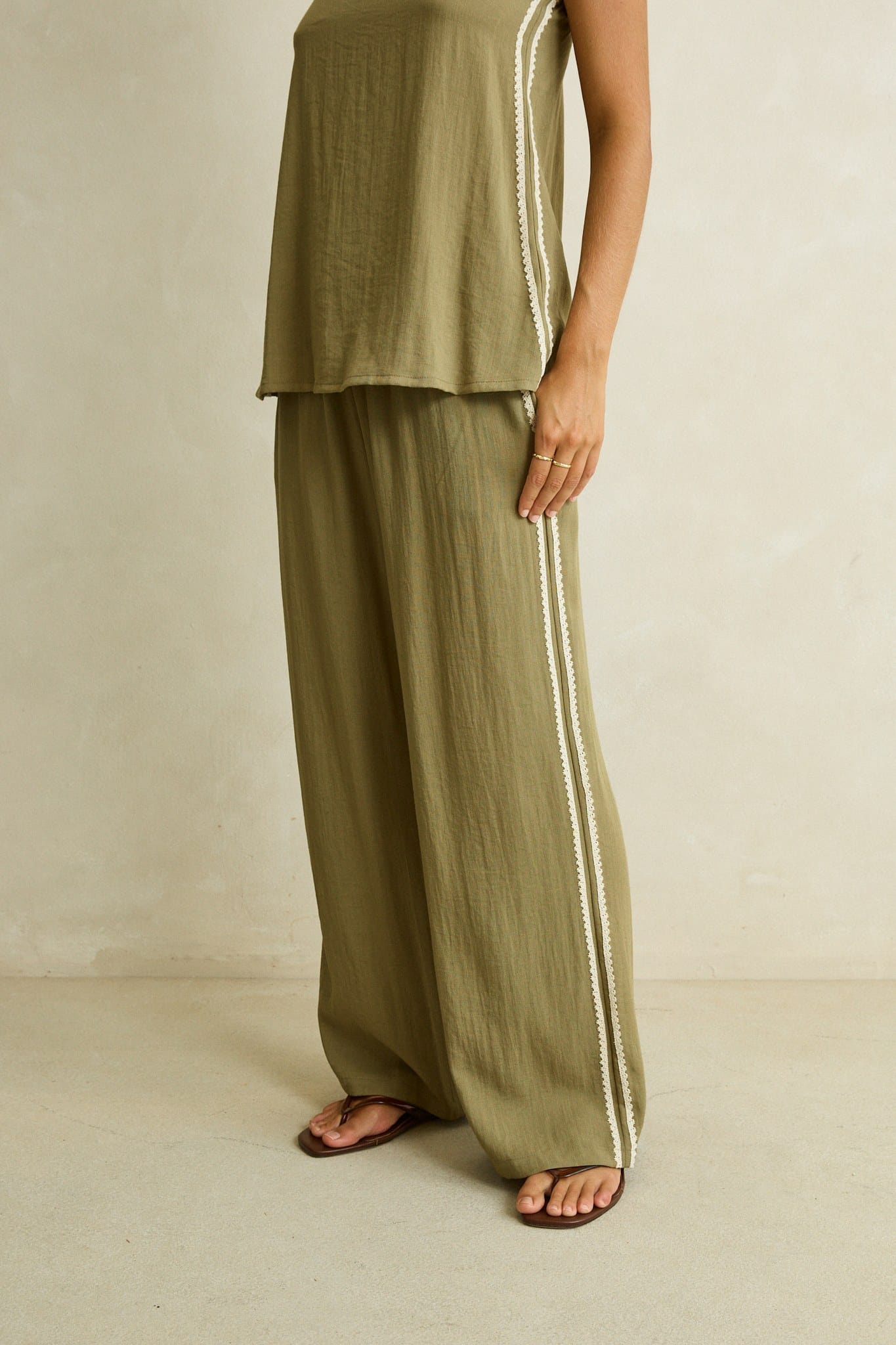 Rhythm Womens Rhythm Linen Lace Track Pant - Olive CD26W-PA01-OLI-8 Rhythm Linen Lace Track Pant Olive Splash Swimwear Womens Pants 8