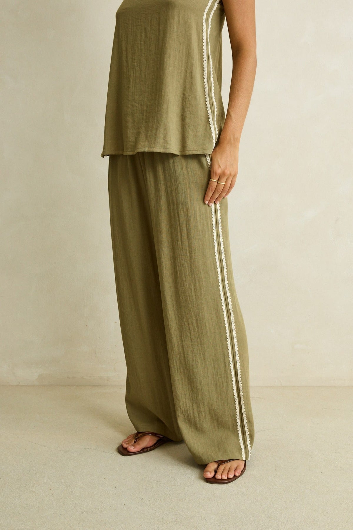 Rhythm Womens Rhythm Linen Lace Track Pant - Olive CD26W-PA01-OLI-8 Rhythm Linen Lace Track Pant Olive Splash Swimwear Womens Pants 8