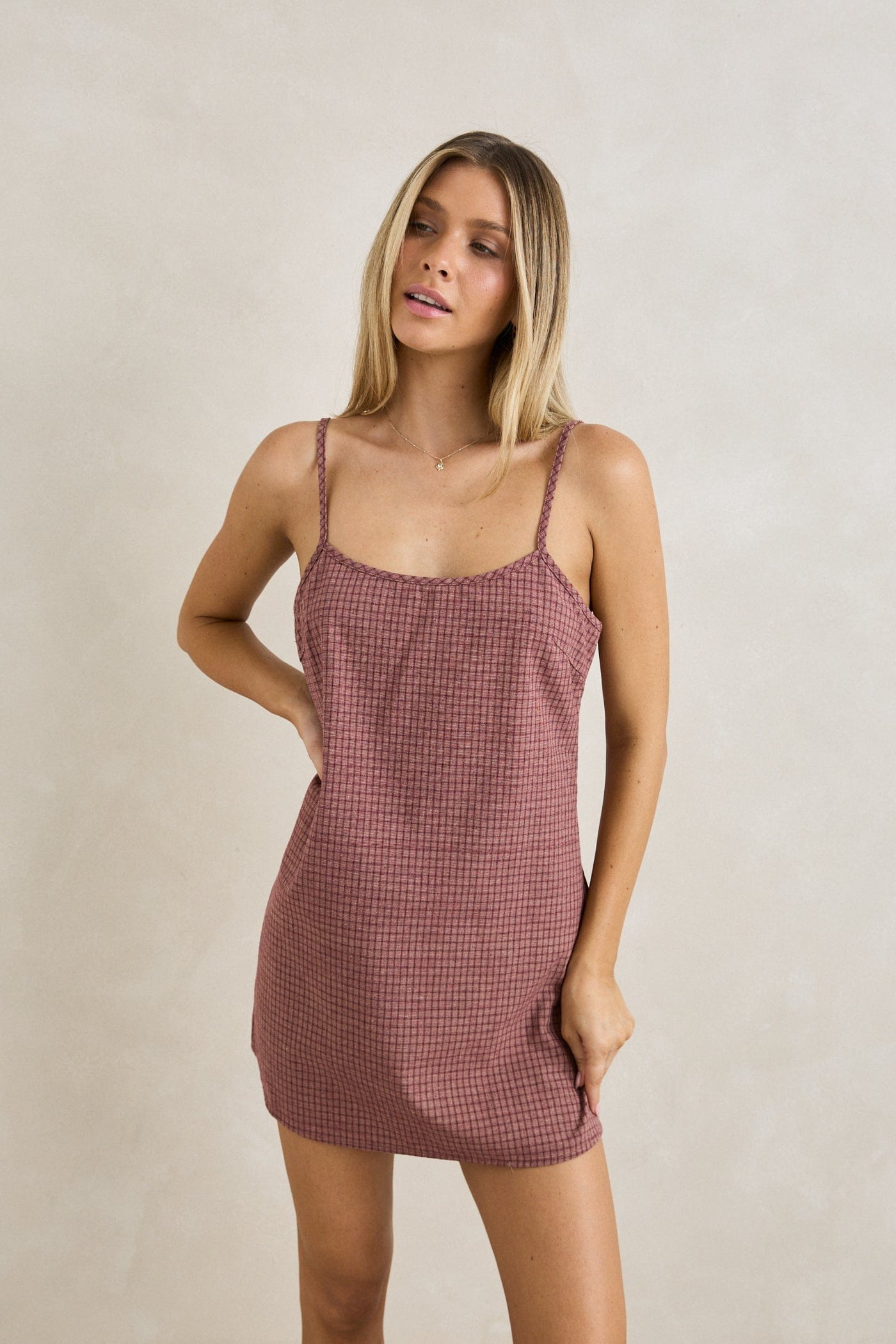 Rhythm Womens Rhythm Lucy Check Slip Mini Dress - Rust Rhythm Lucy Check Slip Mini Dress Rust Splash Swimwear Dresses