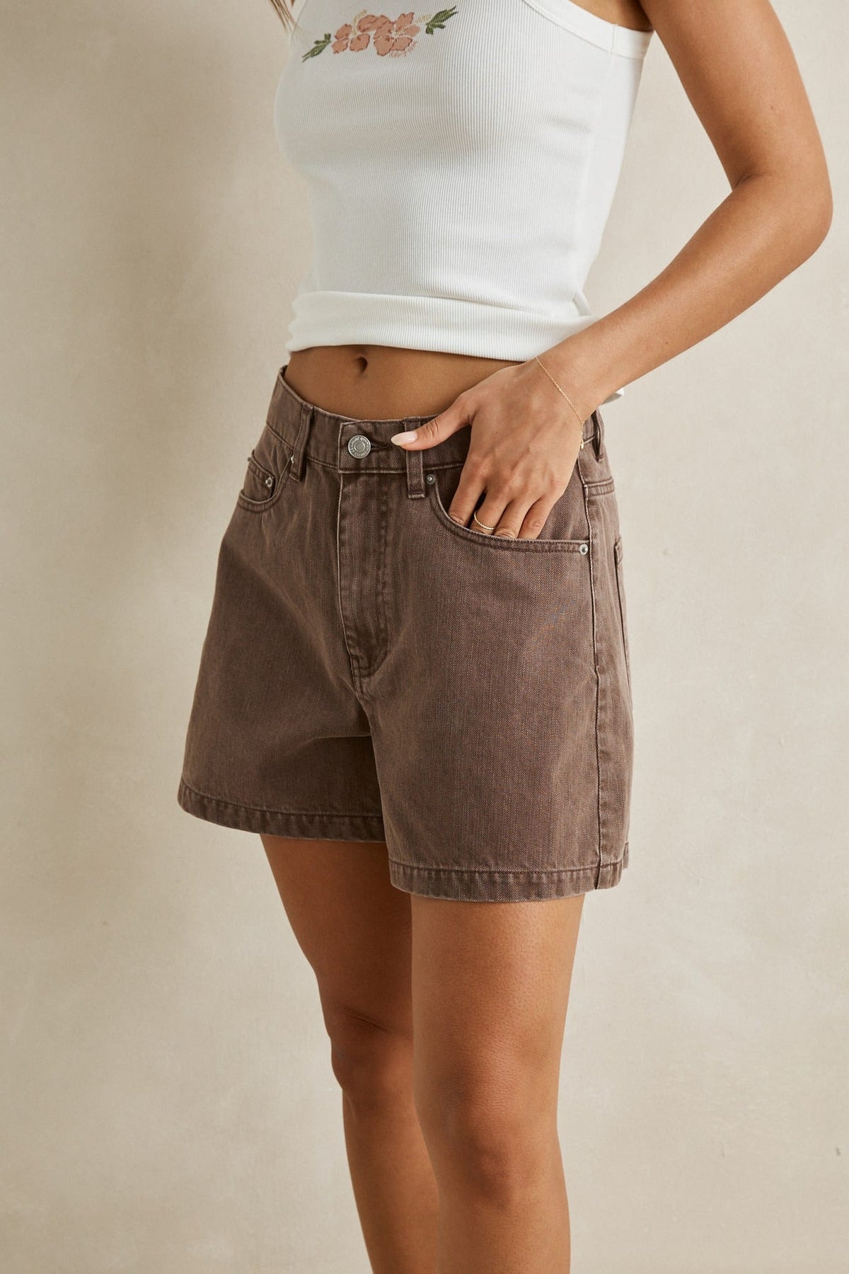 Rhythm Womens Rhythm Staple Denim Short - Chocolate CD25W-SH43-CHO-8 Rhythm Staple Denim Short Chocolate Splash Swimwear Shorts 8 9360397460841