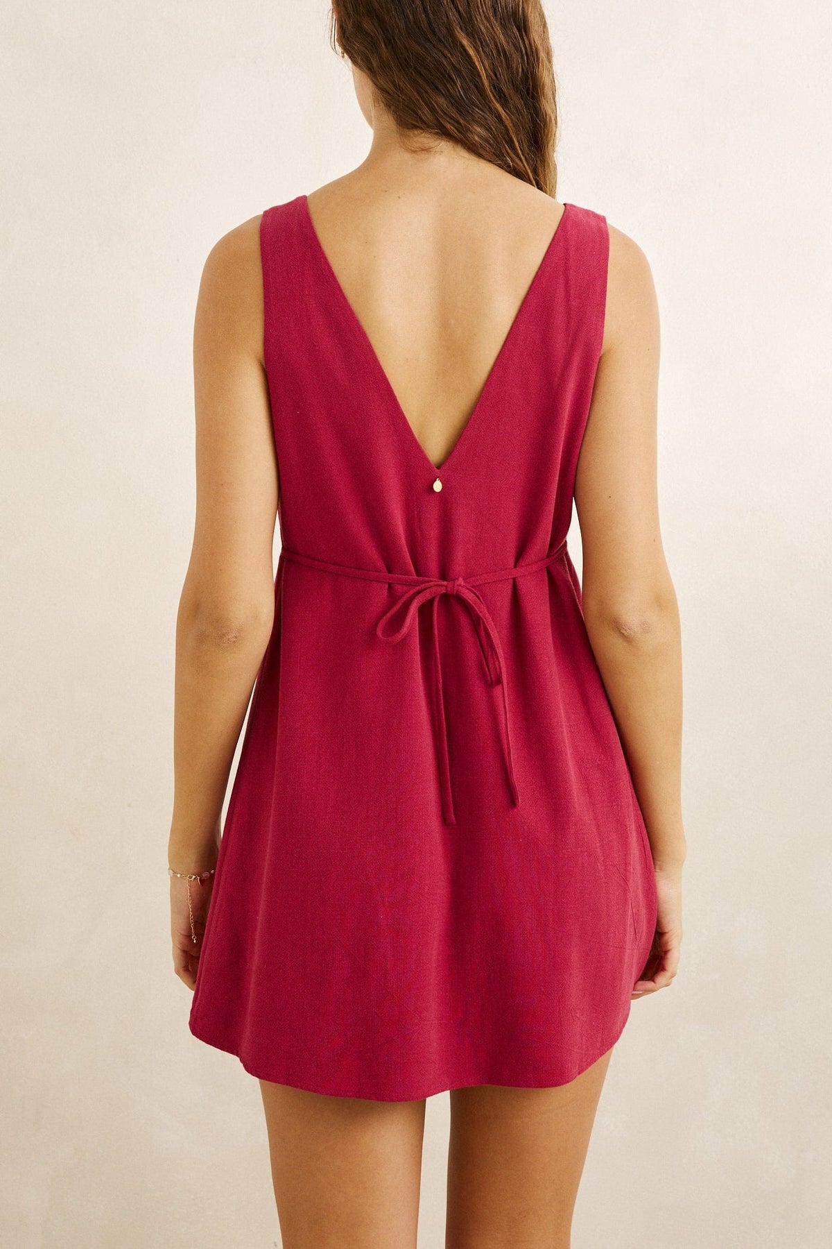 Rhythm Womens Rhythm Sunny Days Linen Mini Dress - Wine Rhythm Sunny Days Linen Mini Dress Wine Splash Swimwear Dresses