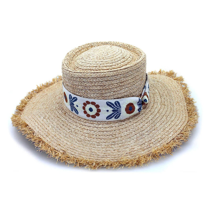 Rigon Headwear Quinn Raffia Wide Brim - Natural/Ivory/Blue RL674 Cancer Council Quinn Raffia Wide Brim - Natural/Ivory/Blue Splash Swimwear Hats M/L (58cm) 9328897034535