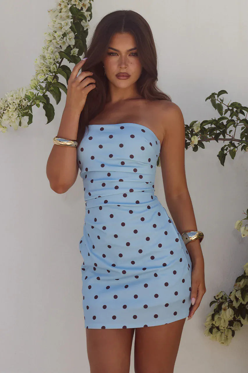 Runaway The Label Runaway The Label Cairo Strapless Mini Dress - Sky Blue/Choc Polka Runaway The Label Cairo Strapless Mini Dress - Sky Blue/Choc Polka Splash Swimwear Dresses