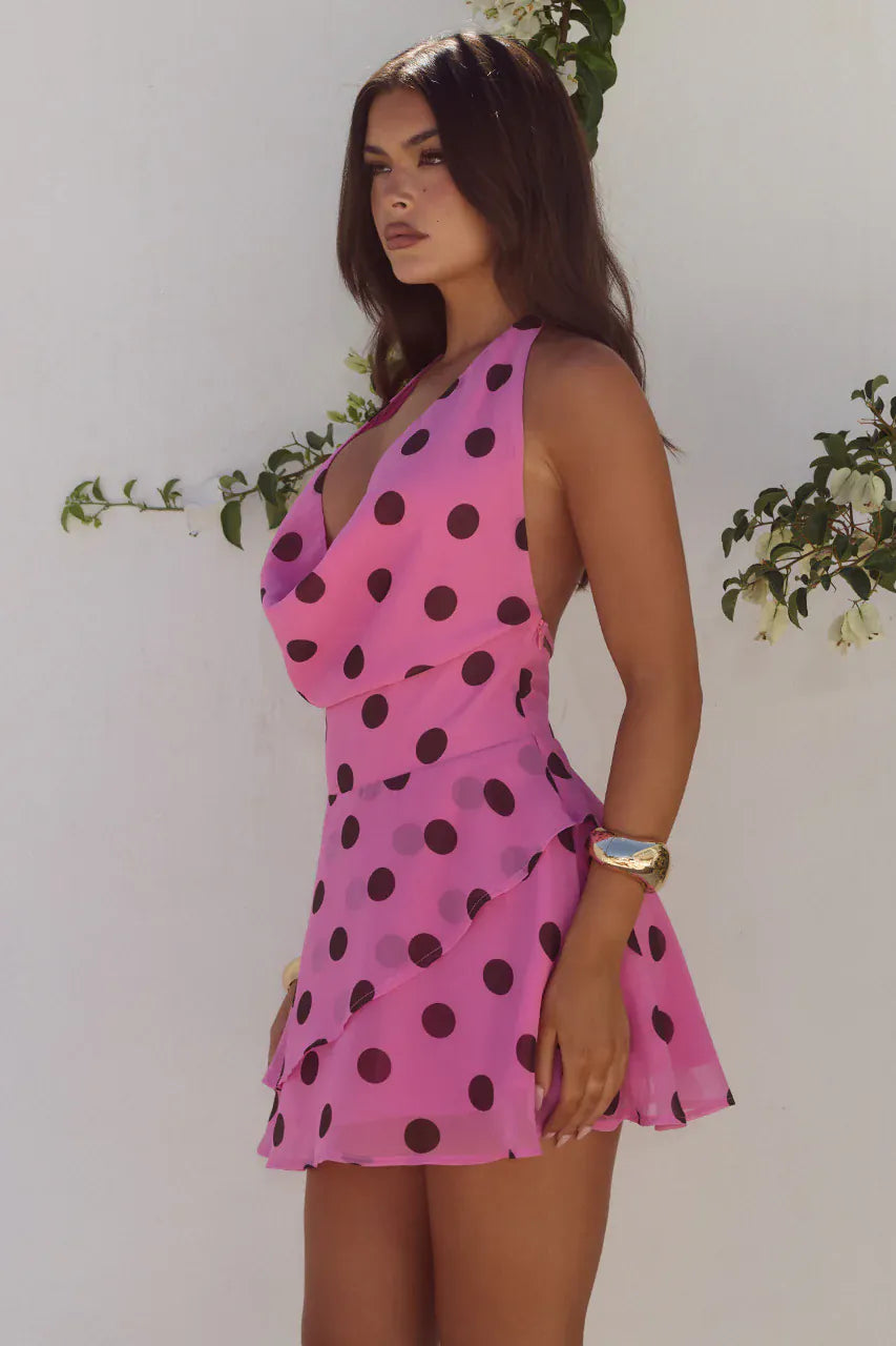 Runaway The Label Runaway The Label Imali Halter Cowl Mini Dress - Musk/Choc Polka Runaway The Label Imali Halter Cowl Mini Dress - Musk/Choc Polka Splash Swimwear Dresses