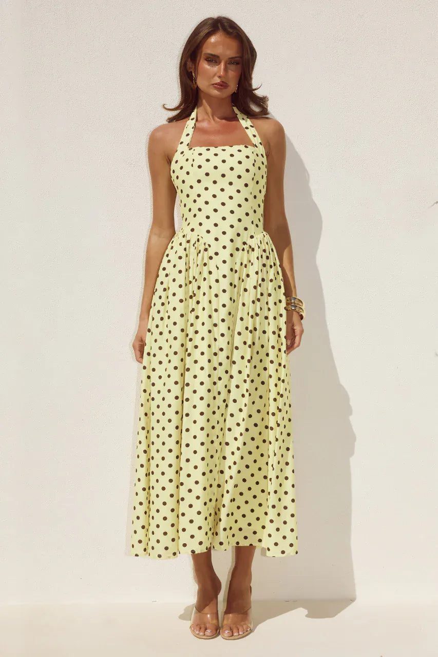 Runaway The Label Runaway The Label Sammi Halter Midi Dress - Lemon/Choc Polka Runaway The Label Sammi Halter Midi Dress - Lemon/Choc Polka Splash Swimwear Dresses