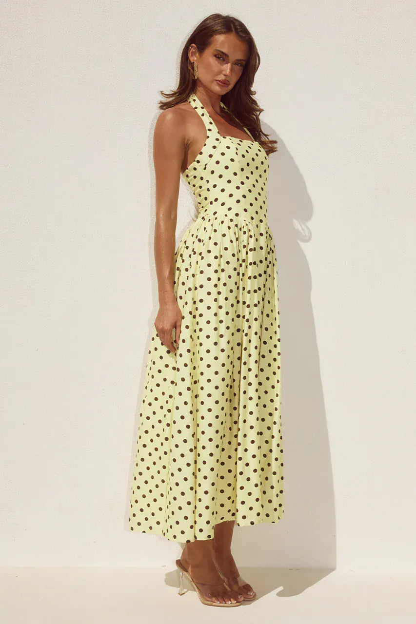 Runaway The Label Runaway The Label Sammi Halter Midi Dress - Lemon/Choc Polka Runaway The Label Sammi Halter Midi Dress - Lemon/Choc Polka Splash Swimwear Dresses
