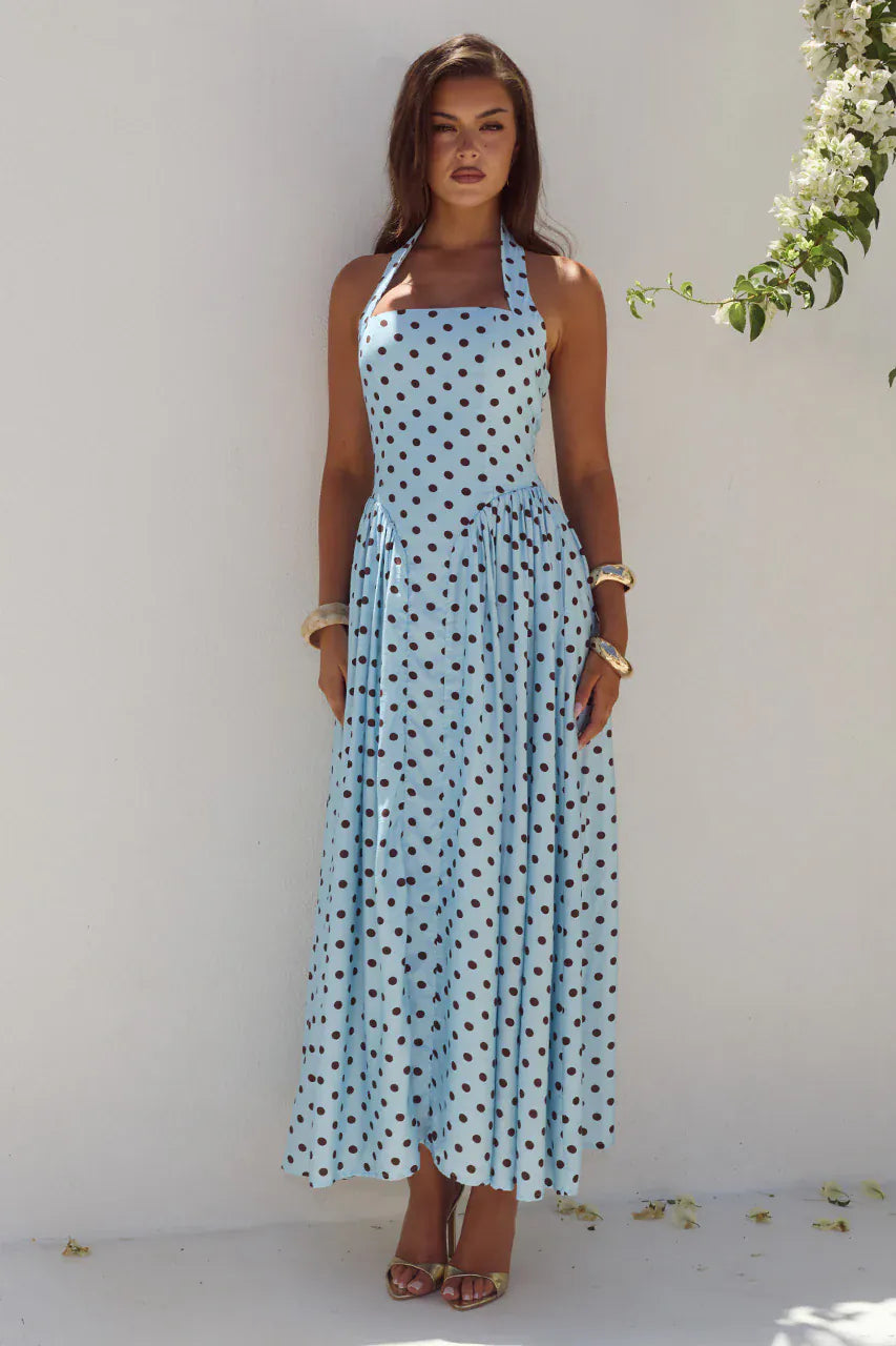 Runaway The Label Runaway The Label Sammi Halter Midi Dress - Sky Blue/Choc Polka Runaway The Label Sammi Halter Midi Dress - Sky Blue/Choc Polka Splash Swimwear Dresses