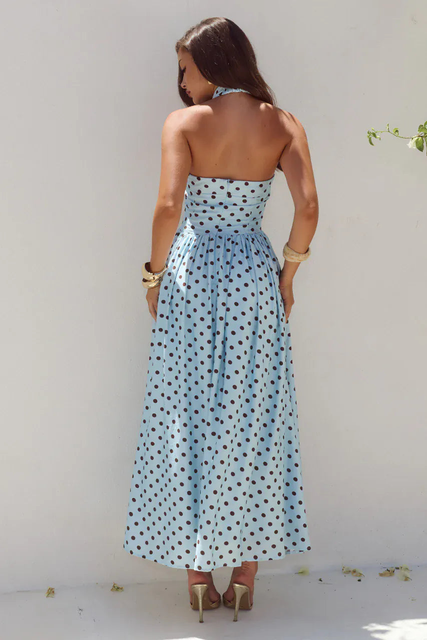 Runaway The Label Runaway The Label Sammi Halter Midi Dress - Sky Blue/Choc Polka Runaway The Label Sammi Halter Midi Dress - Sky Blue/Choc Polka Splash Swimwear Dresses