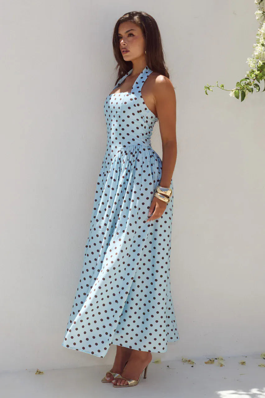 Runaway The Label Runaway The Label Sammi Halter Midi Dress - Sky Blue/Choc Polka Runaway The Label Sammi Halter Midi Dress - Sky Blue/Choc Polka Splash Swimwear Dresses