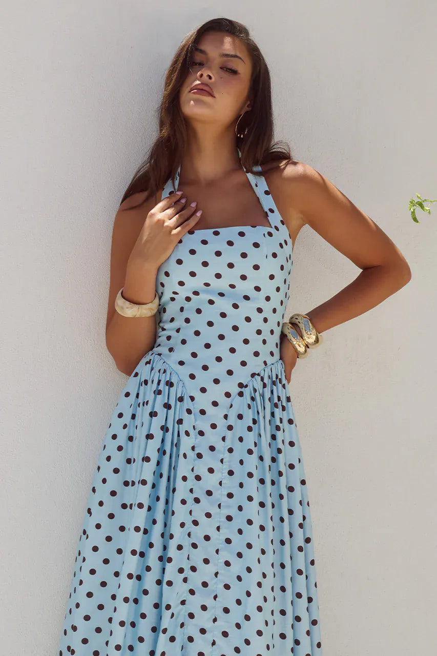 Runaway The Label Runaway The Label Sammi Halter Midi Dress - Sky Blue/Choc Polka Runaway The Label Sammi Halter Midi Dress - Sky Blue/Choc Polka Splash Swimwear Dresses