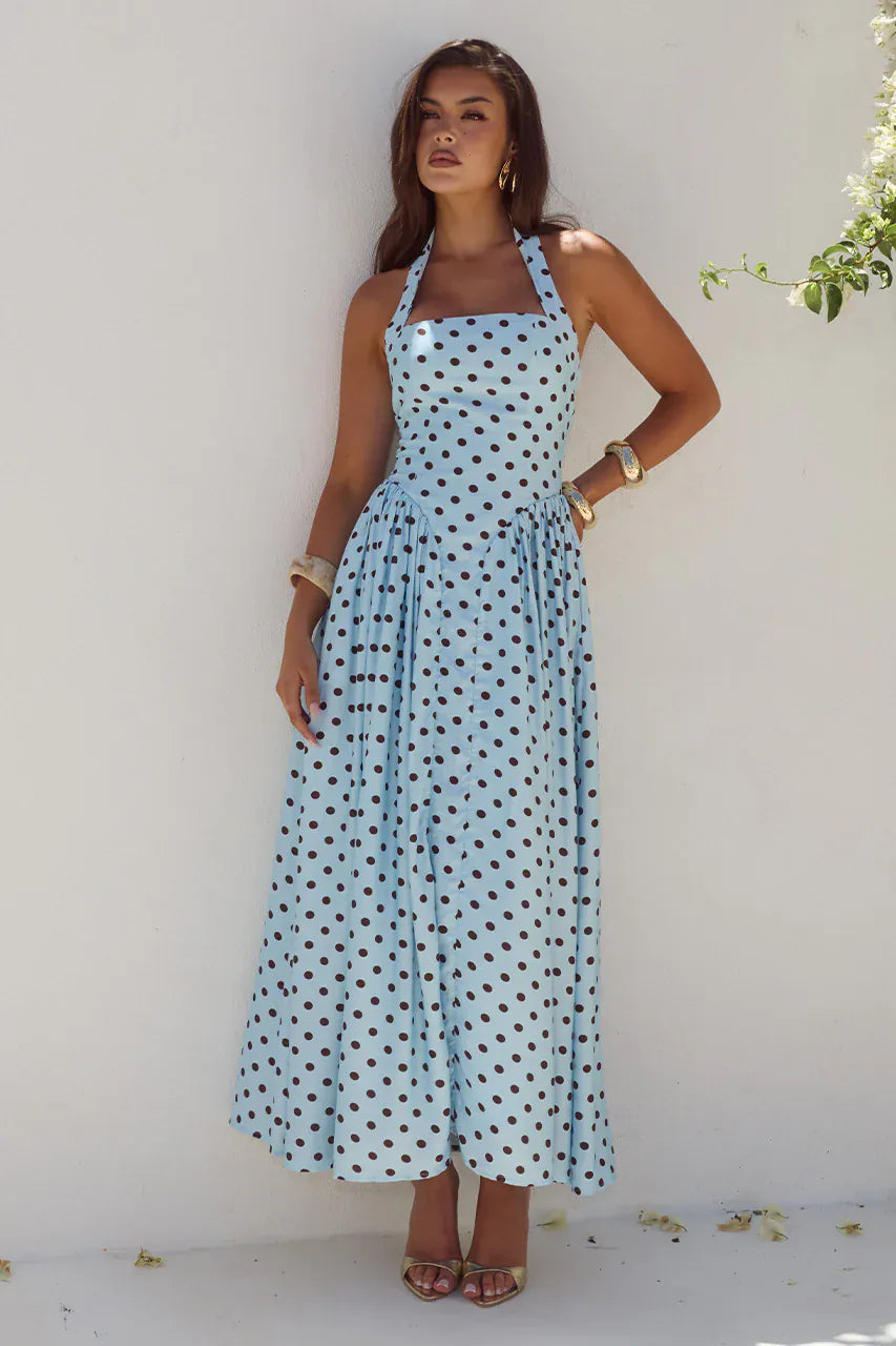 Runaway The Label Runaway The Label Sammi Halter Midi Dress - Sky Blue/Choc Polka Runaway The Label Sammi Halter Midi Dress - Sky Blue/Choc Polka Splash Swimwear Dresses