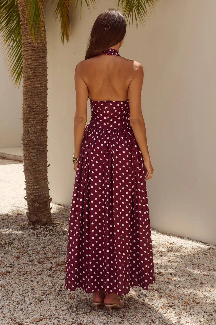 Runaway The Label Runaway The Label Sammi Halter Midi Dress - Wine/White Polka Runaway The Label Sammi Halter Midi Dress - Wine/White Polka Splash Swimwear Dresses