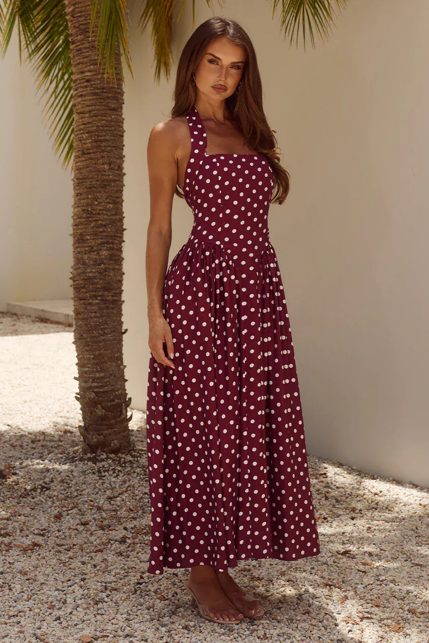 Runaway The Label Runaway The Label Sammi Halter Midi Dress - Wine/White Polka Runaway The Label Sammi Halter Midi Dress - Wine/White Polka Splash Swimwear Dresses