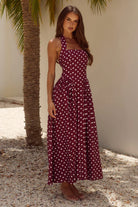 Runaway The Label Runaway The Label Sammi Halter Midi Dress - Wine/White Polka Runaway The Label Sammi Halter Midi Dress - Wine/White Polka Splash Swimwear Dresses