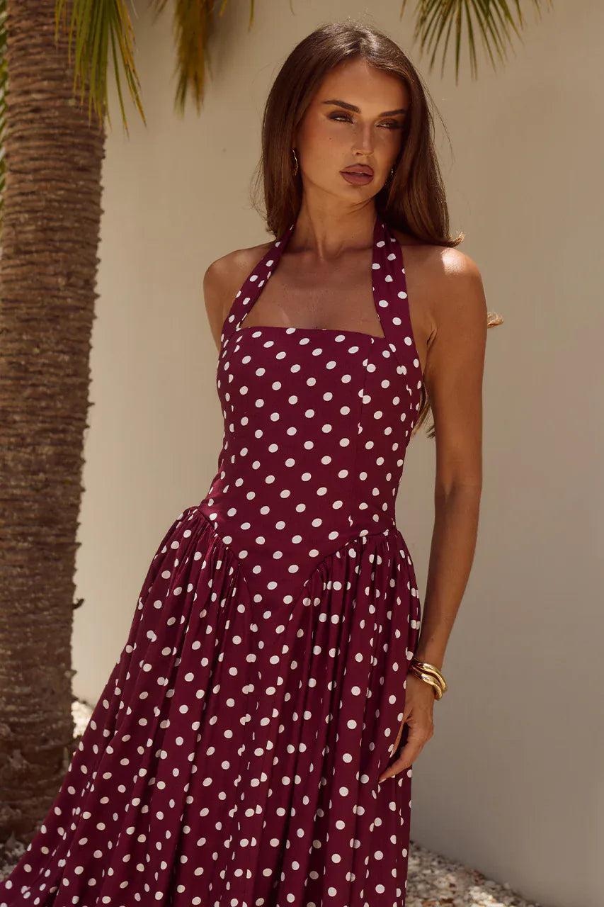 Runaway The Label Runaway The Label Sammi Halter Midi Dress - Wine/White Polka Runaway The Label Sammi Halter Midi Dress - Wine/White Polka Splash Swimwear Dresses