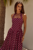 Runaway The Label Runaway The Label Sammi Halter Midi Dress - Wine/White Polka Runaway The Label Sammi Halter Midi Dress - Wine/White Polka Splash Swimwear Dresses