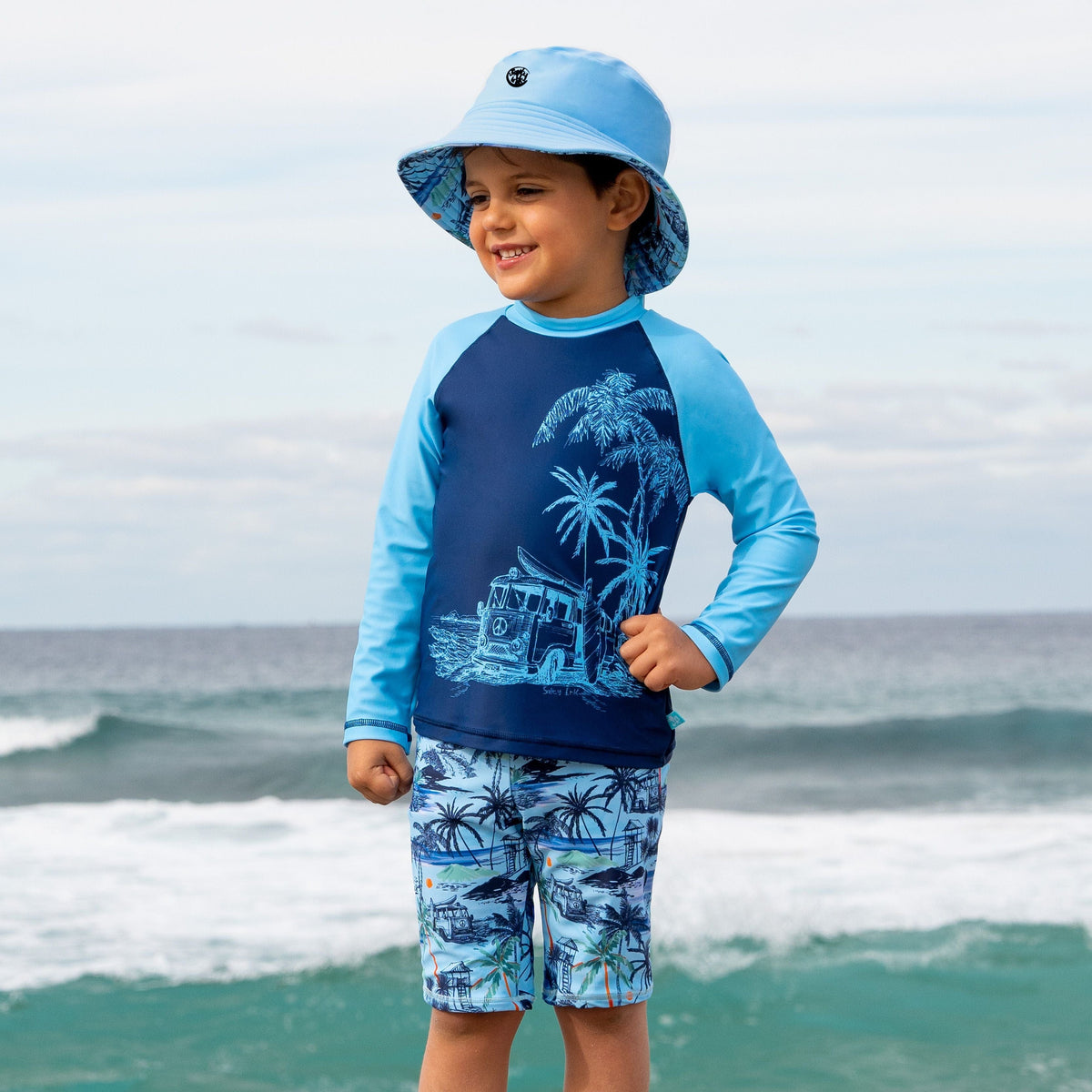 Salty Ink Kids Boys Long Sleeve Rashie - Vintage Navy Splash Swimwear kids