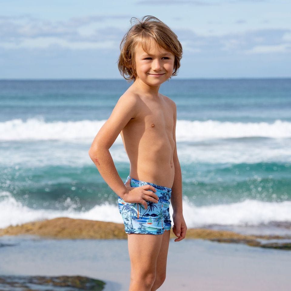 Salty Ink Kids Boys Tiki Euroleg - Vintage Blue Splash Swimwear kids