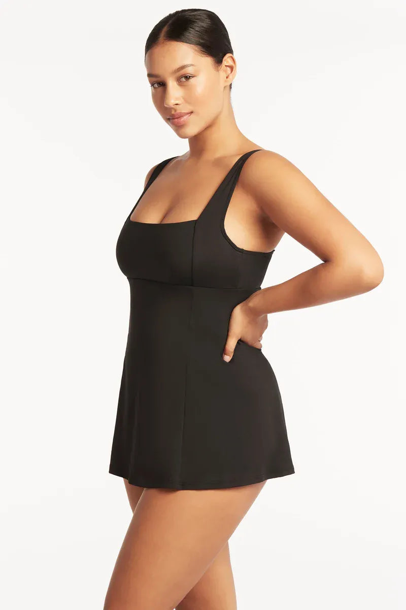 Sea Level Essentials Square Neck Swim Dress - Black Essentials Square Neck Swim Dress Black Splash Swimwear Swim Dress