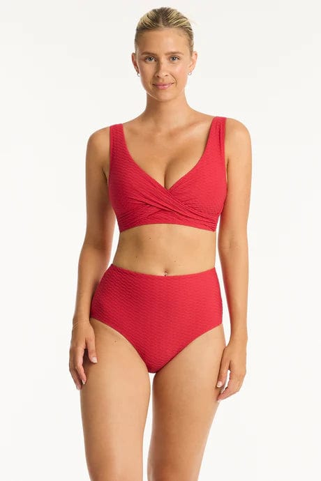 Sea Level Bikini Tops Honeycomb Cross Front Multifit Top - Red Sea Level Lotus Mid Bikini Pant