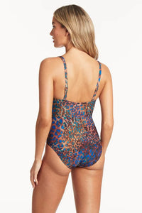 Sea Level Hunter Plunge Multifit One Piece With Macrame Detail - Blue Sea Level Honeycomb Spliced One Piece Splash Swimwear One Pieces