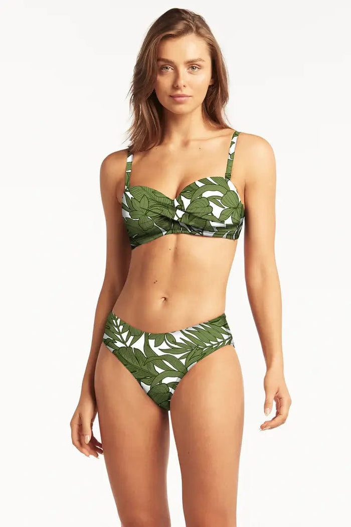 Sea Level Retreat Twist Front Bandeau - Olive Splash Swimwear Bikini Tops