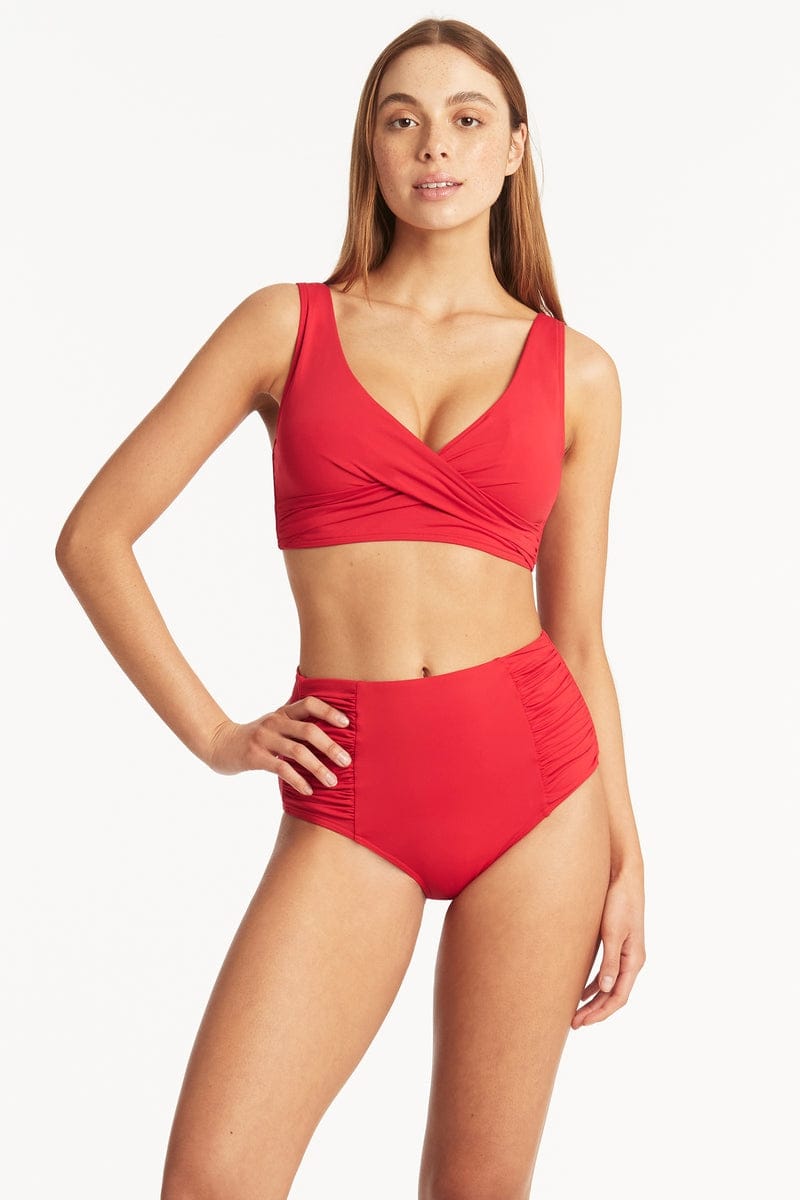 Sea Level Sea Level Essentials Gathered Side High Waist Pant - Red Sea Level Essentials Gathered Side High Waist Pant Red Splash Swimwear Bikini Bottoms