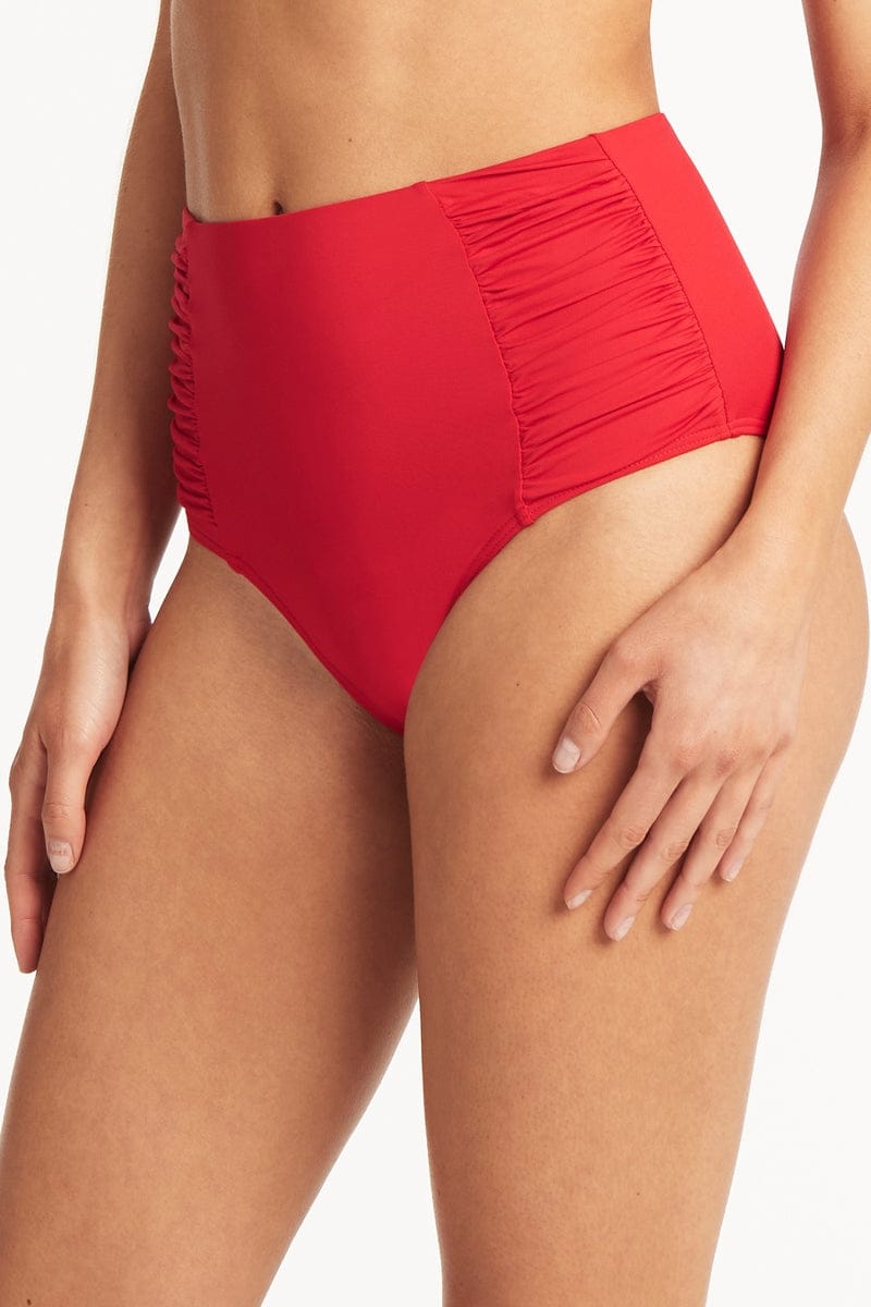 Sea Level Sea Level Essentials Gathered Side High Waist Pant - Red Sea Level Essentials Gathered Side High Waist Pant Red Splash Swimwear Bikini Bottoms