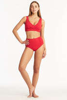 Sea Level Sea Level Essentials Gathered Side High Waist Pant - Red Sea Level Essentials Gathered Side High Waist Pant Red Splash Swimwear Bikini Bottoms