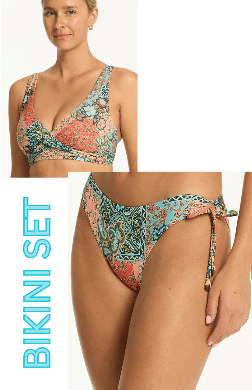 Sea Level Sea Level Java Cross Front Multifit Bra Top & Tie Side Cheeky Pant Bikini Set - Coral Sea Level Java Cross Front Multifit Bra Top & Tie Side Cheeky Pant Bikini Set - Coral Splash Swimwear Bikini Set