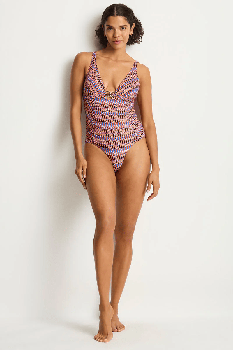 Sea Level Sea Level Tessera Chain Link Longline One Piece - Blue Sea Level Tessera Chain Link Longline One Piece - Blue Splash Swimwear