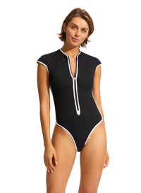 Seafolly Beach Bound Cap Sleeve Zip Front One Piece - Black Shop Chiara Cover Up - True Navy by Seafolly | Australian Swimwear Brands | Splash Swimwear Splash Swimwear One Pieces