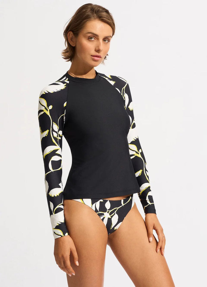 Birds Of Paradise Long Sleeve Rashvest - Black - Seafolly - Splash Swimwear  - Ladies Rashie, Oct23, Rash Vest, rashie, Rashies, rashies & sunsuits, Seafolly, sunsuits & rashies, Womens, womens swim - Splash Swimwear 