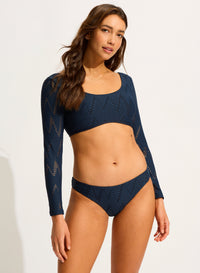 Seafolly Chiara Long Sleeve Crop Rash Vest - True Navy Shop Chiara Cover Up - True Navy by Seafolly | Australian Swimwear Brands | Splash Swimwear Splash Swimwear Bikini Tops